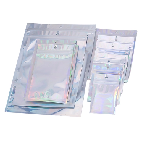 Bolsas Ziplock Holográficas para Joyería Bolsas de Embalaje de Arcoíris Láser Reutilizables Con Agujero para Colgar Antioxidación Plástico