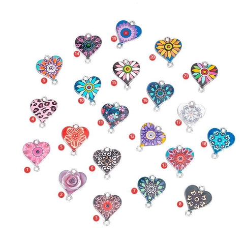 Heart Shape Alloy Drip Oil Pendant Connectors DIY Bohemian Mandala Leopard Floral Jewelry Making Accessories Component