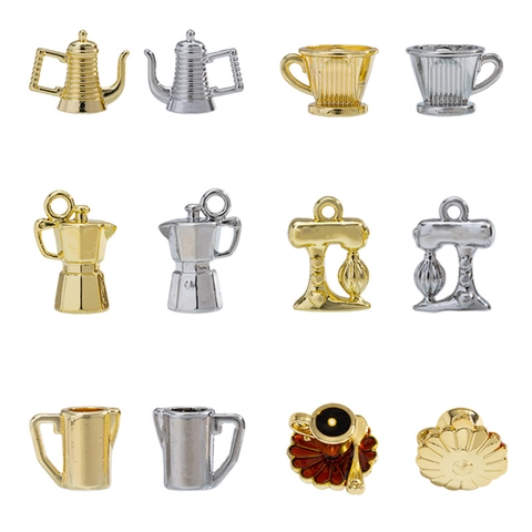 Vintage Miniature Coffee Machine Moka Pot Pendants Zinc Alloy Gold Silver Electroplated Coffee Cup Charms For DIY Jewelry Making