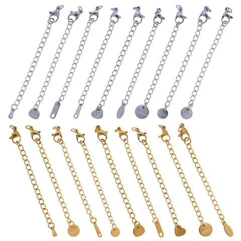 Stainless Steel Extender Chain Set With Lobster Clasp Decorative Shape Tag Gold Silver Jewelry Making Findings DIY Accessories