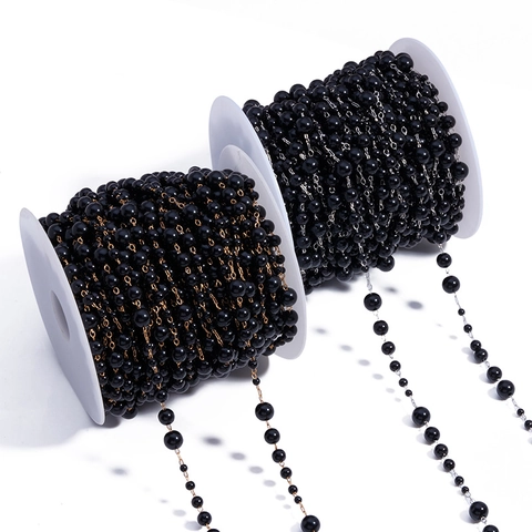 Black Artificial Pearl Beaded Chain Metal Link Chain For DIY Jewelry Making Lolita Clothing Accessory Hand-made Material