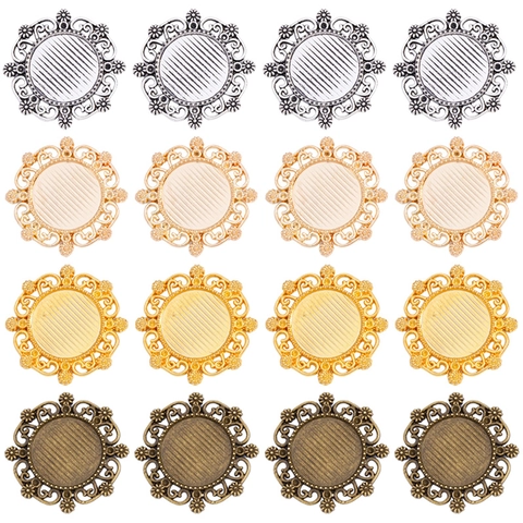 Vintage Ronde Legering Hanger Basis Cabochon Zetting Opengewerkt Bloemontwerp Voor DIY Handgemaakte Ketting Armband Sieraden Maken