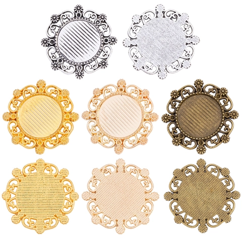 Vintage Ronde Legering Hanger Basis Cabochon Zetting Opengewerkt Bloemontwerp Voor DIY Handgemaakte Ketting Armband Sieraden Maken