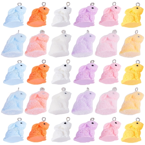 Fashion Resin Flocked Bunny Pendants Cute Rabbit Charms For DIY Keychain Jewelry Making Accessories Multicolored Animal Hanging Decorations