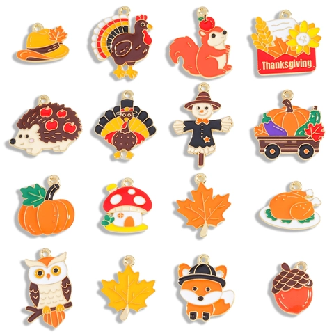 Thanksgiving Enamel Alloy Pendants Cartoon Turkey Pumpkin Maple Leaf Charms For DIY Bracelet Necklace Keychains Jewelry Making