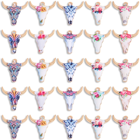 Vintage Alloy Enamel Bull Head Charms Floral Geometric Pattern Boho Longhorn Skull Pendants For DIY Jewelry Making Bracelet Keychain