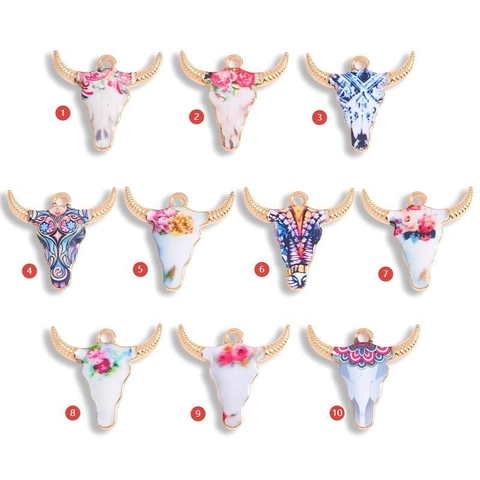 Vintage Alloy Enamel Bull Head Charms Floral Geometric Pattern Boho Longhorn Skull Pendants For DIY Jewelry Making Bracelet Keychain