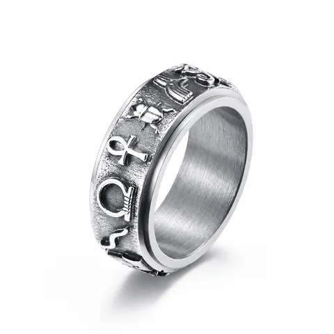 Vintage Ancient Egyptian Symbols Stainless Steel Spinner Ring For Men Women Ankh Scarab Relief Rotatable Stress Relief Jewelry Band Ring