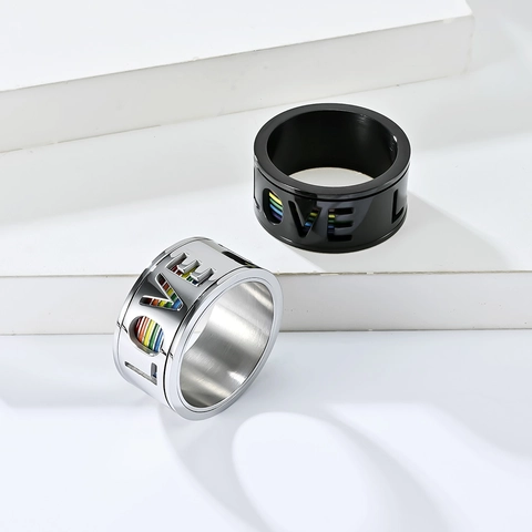 Titanstahl Regenbogen Pride Ring LOVE Ausschnitt Rotierender Bandring Für Herren Damen LGBTQ Schmuck Schwarz Silber Emaille Ring