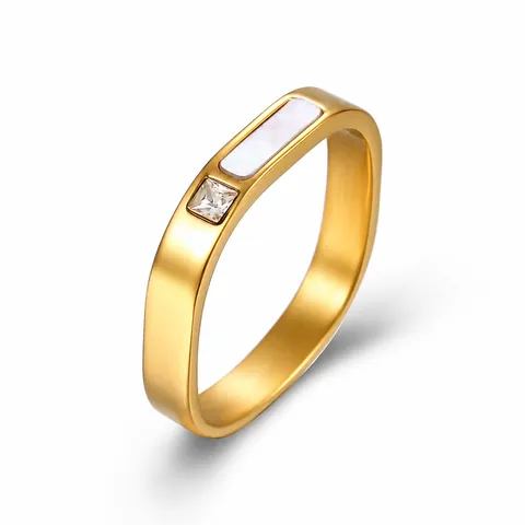 Minimalist Titanium Steel Square Ring For Women Geometric Mother Of Artificial Pearl Inlay Cubic Zirconia Fashion Commuting Jewelry