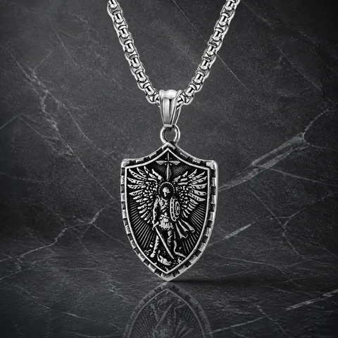 Retro Titanium Steel Archangel Saint Michael Shield Pendant Necklace For Men Vintage Religious Relief Jewelry Gift