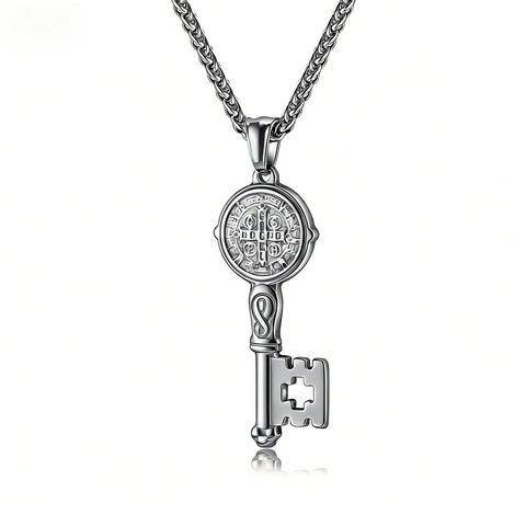 Stainless Steel St. Benedict Exorcist Key Pendant Necklace For Men Women Vintage Religious Cross Infinity Symbol Jewelry Gift