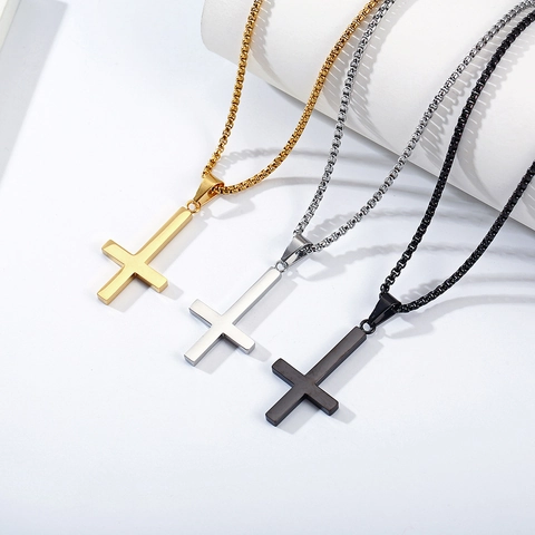 Stainless Steel Inverted Cross Necklace For Men Women Minimalist St Peter Cross Pendant Gothic Punk Polished Upside Down Cross Jewelry