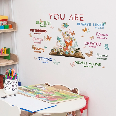 Vinilos Decorativos Versículos Bíblicos Inspiradores Mariposa Libro Flor Pegatinas de Pared para Habitación Niños Estudio Hogar