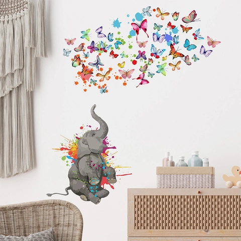 Cartoon Artistic Elephant Butterfly Wall Sticker PVC Multicolor Watercolor Animal Decal For Kids Room Living Room Decor