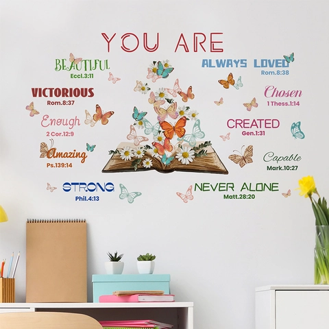 Vinilos Decorativos Versículos Bíblicos Inspiradores Mariposa Libro Flor Pegatinas de Pared para Habitación Niños Estudio Hogar