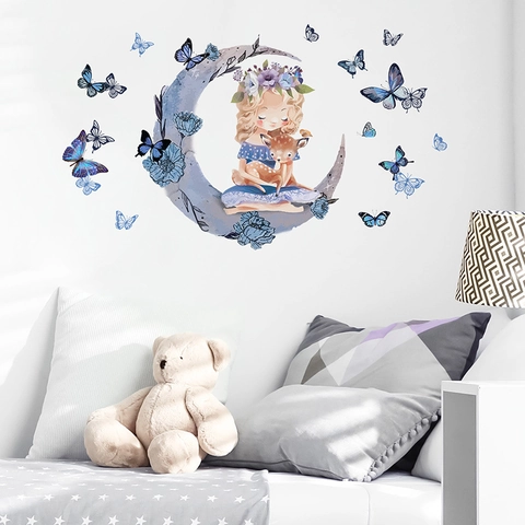 Adesivi da Parete Ragazza Principessa della Luna Cartone Animato Con Cervo Farfalle PVC DIY Decorazione Camera Bambini