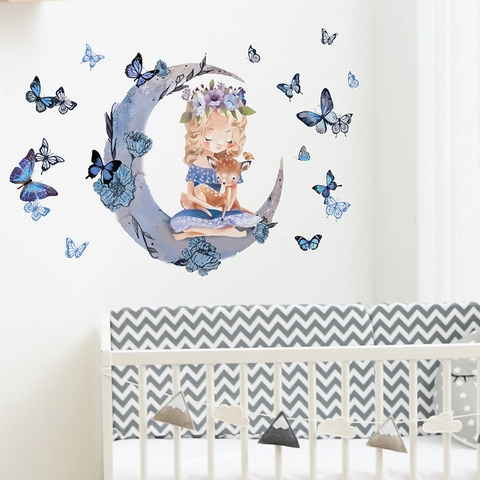 Adesivi da Parete Ragazza Principessa della Luna Cartone Animato Con Cervo Farfalle PVC DIY Decorazione Camera Bambini