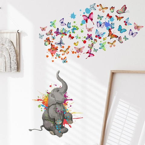 Cartoon Artistic Elephant Butterfly Wall Sticker PVC Multicolor Watercolor Animal Decal For Kids Room Living Room Decor