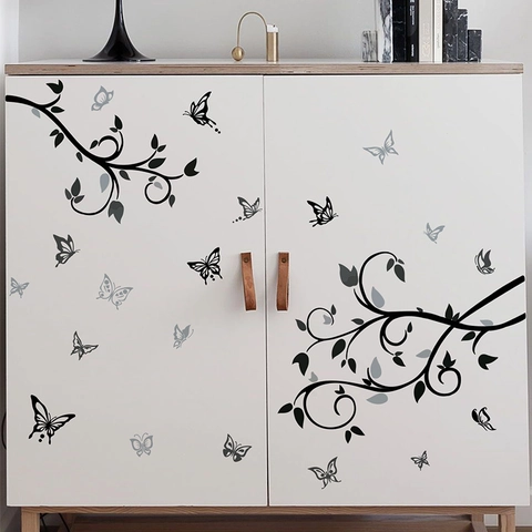 Pegatina de Pared con Silueta de Rama y Mariposa Minimalista Moderna Mural de PVC Autoadhesivo para Dormitorio y Sala de Estar