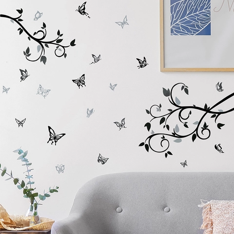 Pegatina de Pared con Silueta de Rama y Mariposa Minimalista Moderna Mural de PVC Autoadhesivo para Dormitorio y Sala de Estar