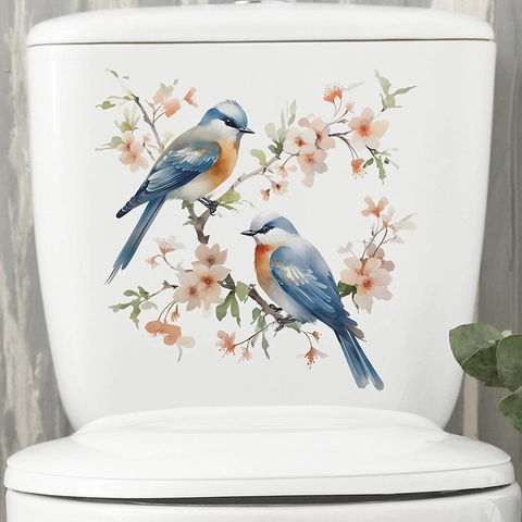 Watercolor Bird And Flower Branch Waterproof Bathroom Toilet Sticker PVC Self-Adhesive Wall Decal For Home Decoration Art Style