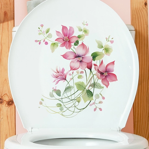 Adesivo per Sedile del Gabinetto del Bagno con Foglia Verde Fiore Rosa Acquerello PVC Impermeabile Decorazioni per la Casa