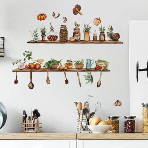 Creative Kitchen Utensils Shelf Wall Sticker Waterproof PVC Hand Painted Watercolor Style Decal For Dining Room Background Decoration