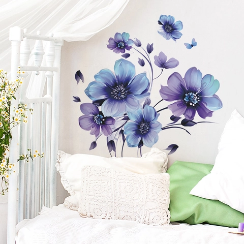 Aquarell Tinte Blau Lila Blume Schmetterling Wandaufkleber PVC Selbstklebend Home Decor Für Wohnzimmer Schlafzimmer Hintergrund