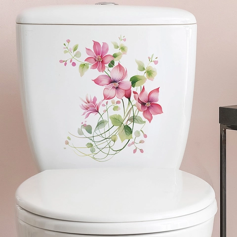 Adesivo per Sedile del Gabinetto del Bagno con Foglia Verde Fiore Rosa Acquerello PVC Impermeabile Decorazioni per la Casa