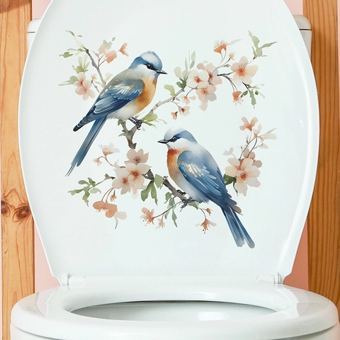 Watercolor Bird And Flower Branch Waterproof Bathroom Toilet Sticker PVC Self-Adhesive Wall Decal For Home Decoration Art Style