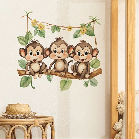 Cartoon Monkey Tree Leaves Wall Stickers For Kids Room Nursery Decor Removable PVC Animal Branch DIY Home Decor Decals