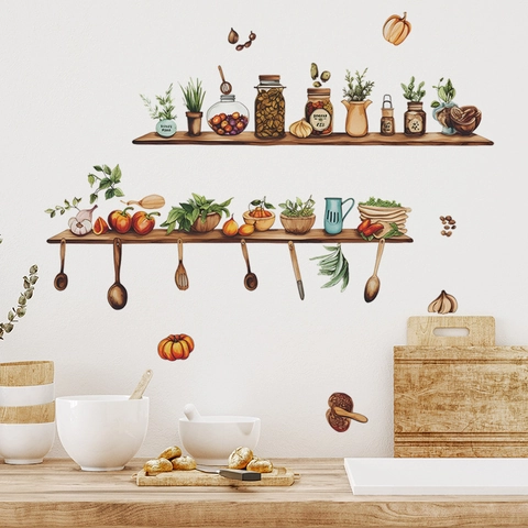 Creative Kitchen Utensils Shelf Wall Sticker Waterproof PVC Hand Painted Watercolor Style Decal For Dining Room Background Decoration