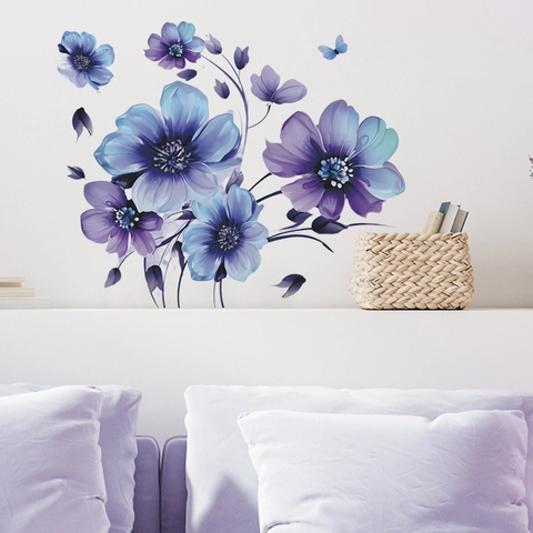Aquarell Tinte Blau Lila Blume Schmetterling Wandaufkleber PVC Selbstklebend Home Decor Für Wohnzimmer Schlafzimmer Hintergrund