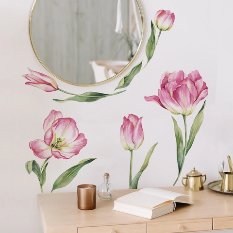 Aquarell Rosa Tulpe Wandtattoo DIY Blumenblatt Wandaufkleber Abnehmbare PVC Kunst Wandbild Für Wohnzimmer Schlafzimmer Heimdeko