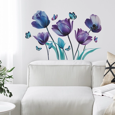 Watercolor Tulip And Butterfly Wall Sticker PVC Waterproof Self Adhesive Flower Wall Decals For Bedroom Living Room Decor
