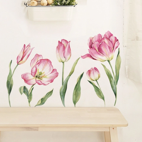 Aquarell Rosa Tulpe Wandtattoo DIY Blumenblatt Wandaufkleber Abnehmbare PVC Kunst Wandbild Für Wohnzimmer Schlafzimmer Heimdeko