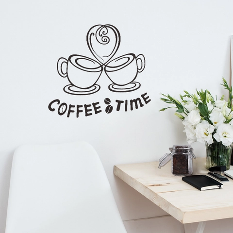Coffee Time Wall Stickers DIY Coffee Cup Heart Pattern PVC Removable Wall Decals For Kitchen Cafe Home Wall Decor