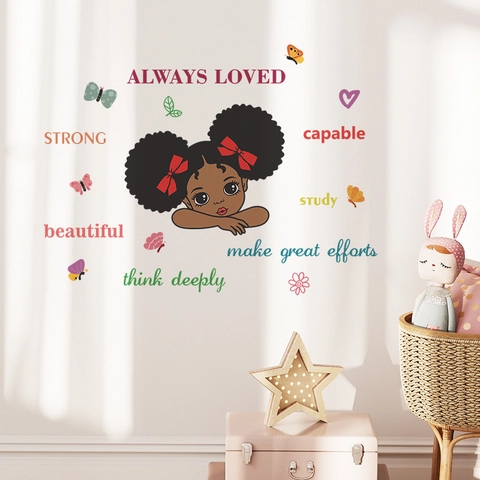 Adesivo da Parete Afro Girl Motivazionale Frasi Ispiratrici in PVC Farfalla Cuore per Cameretta Bambini Camera da Letto