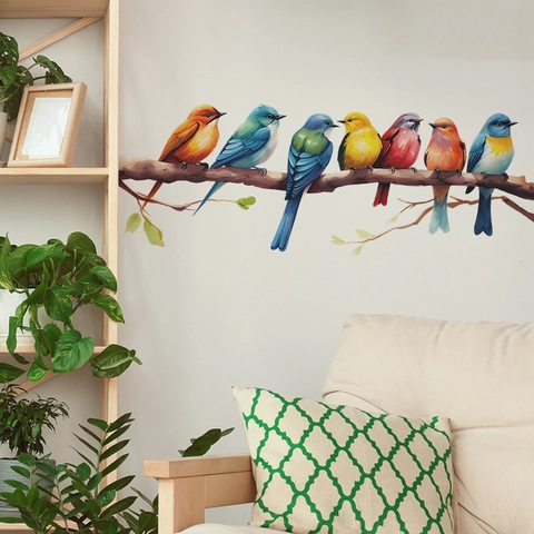 Pegatina de Pared Estilo Chino Pájaros Acuarela En Rama Árbol Mural de PVC Removible Para Sala de Estar Dormitorio Hogar
