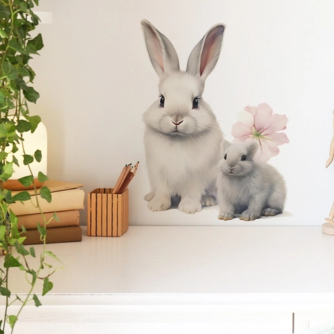 Simpatici Adesivi da Parete Con Coniglio e Fiori Decalcomanie Decorative in PVC per Camera dei Bambini Soggiorno Casa