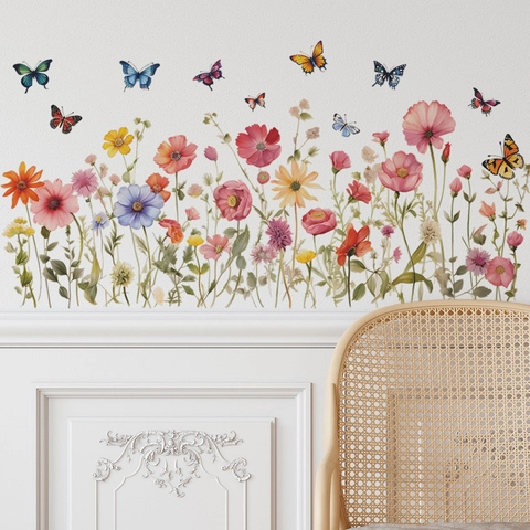 Aquarel Bloem Vlinder Muursticker PVC Zelfklevend Floraal Botanisch Muurstickers Voor Woonkamer Slaapkamer Huis Decoratie