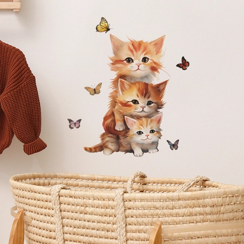 Tekenfilm Kat Vlinder Muursticker Verwijderbare PVC Zelfklevende Handgetekende Stijl Muursticker Voor Kinderkamer Decor