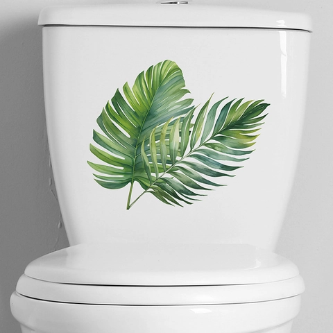 Adesivo per WC con Foglia di Palma Tropicale Verde Impermeabile in PVC Acquerello Piante Decalcomania per Bagno Casa