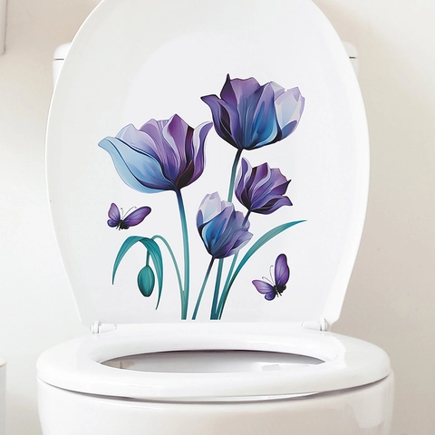 Adesivo per Toilette con Tulipano Viola e Farfalla Impermeabile in PVC Decorativo per Parete del Bagno Autoadesivo