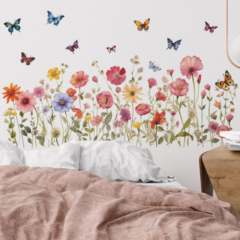 Aquarel Bloem Vlinder Muursticker PVC Zelfklevend Floraal Botanisch Muurstickers Voor Woonkamer Slaapkamer Huis Decoratie