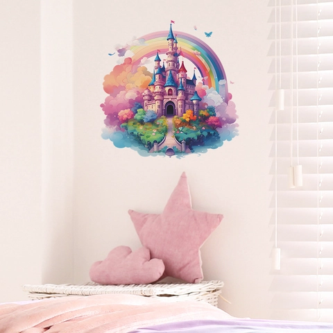 Cartoon Schloss Regenbogen Wolken Wandtattoo Wasserdicht Selbstklebend Wandaufkleber Für Kinderzimmer Schlafzimmer Deko