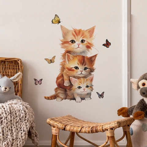 Tekenfilm Kat Vlinder Muursticker Verwijderbare PVC Zelfklevende Handgetekende Stijl Muursticker Voor Kinderkamer Decor