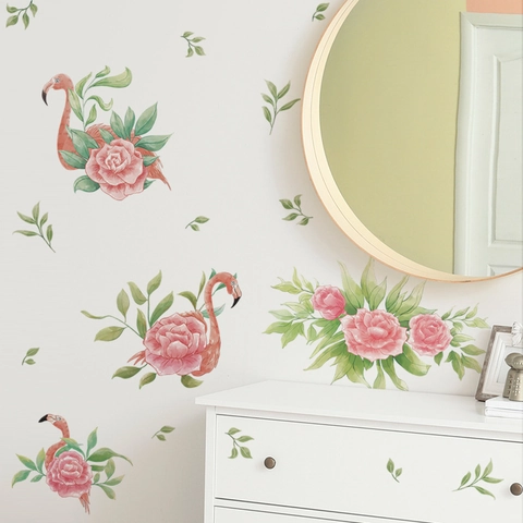 Adesivo da Parete Fenicottero Fiori Foglie PVC Autoadesivo Murale Removibile per Soggiorno Camera da Letto Decorazione Moderna