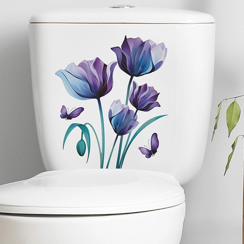 Adesivo per Toilette con Tulipano Viola e Farfalla Impermeabile in PVC Decorativo per Parete del Bagno Autoadesivo
